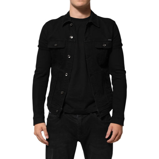 Dolce & Gabbana Black Cotton Denim Stretch Button Up Jacket worn by model, showcasing front button closure and chest flap pockets.