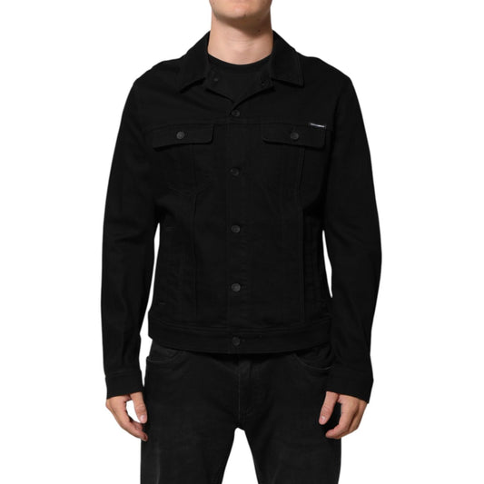 Dolce & Gabbana Black Cotton Denim Stretch Giubbotto Jacket with button closure and chest pockets, modeled front view.