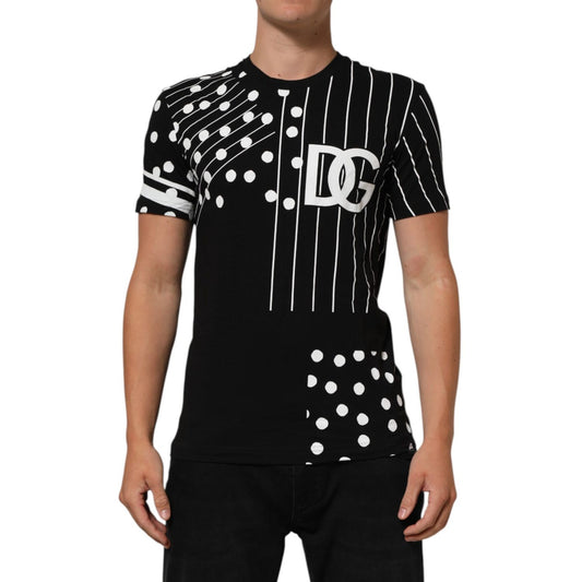 Dolce & Gabbana Black Cotton Polka Dots Round Neck T-shirt with logo details and short sleeves