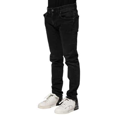Dolce & Gabbana Black Cotton Skinny Men Denim Jeans, high-quality Italian jeans with zipper and button closure, logo details, regular fit.