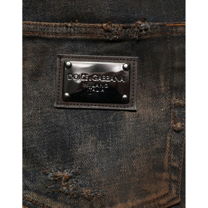 Dolce & Gabbana Black Cotton Skinny Tattered Men Denim Jeans - Close-up of logo detail on back pocket
