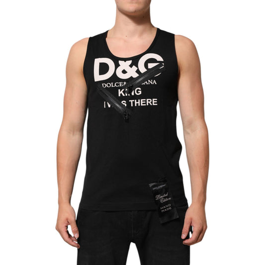 Dolce & Gabbana Black Cotton Sleeveless Tank Top DG Logo Men T-shirt with edgy zipper detail on chest, perfect for casual wear.