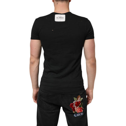 Dolce & Gabbana Black Cotton Tattered Logo V-Neck Men T-shirt