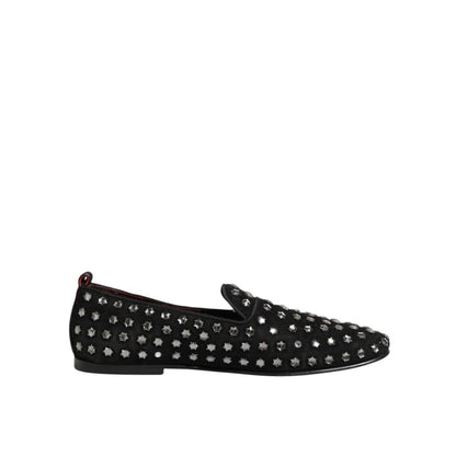 Dolce & Gabbana Black Crystal Embellished Loafers Dress Shoes featuring sleek design and sparkling embellishments for formal occasions.