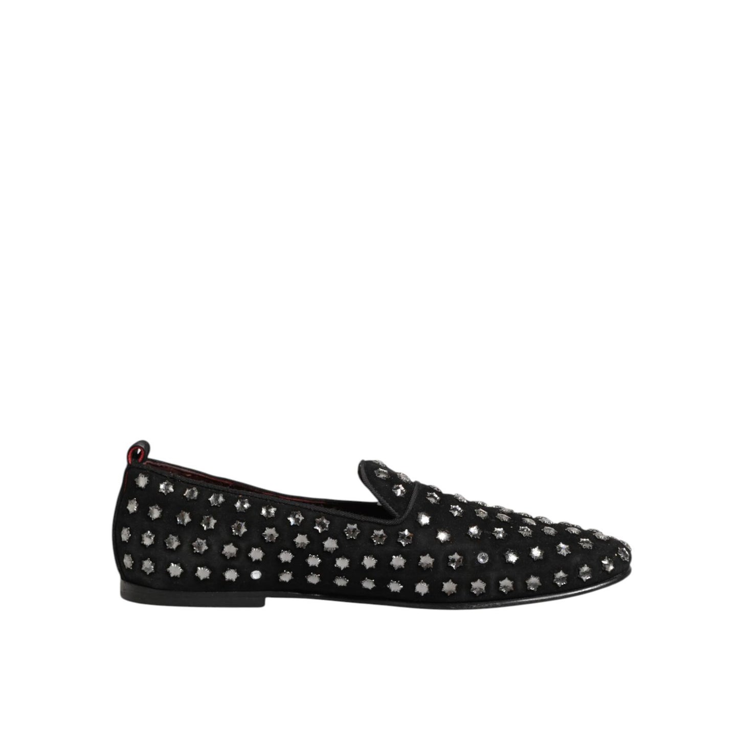 Dolce & Gabbana Black Crystal Embellished Loafers Dress Shoes with sparkling crystal adornments, side view.