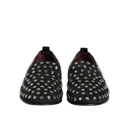 Dolce & Gabbana Black Crystal Embellished Loafers Dress Shoes front view, showcasing sleek black design with sparkling crystals