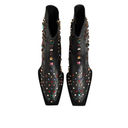 Dolce & Gabbana Black Crystal Embellished Men Short Boots Shoes with sparkling accents, ankle-height design, luxurious fashion footwear.