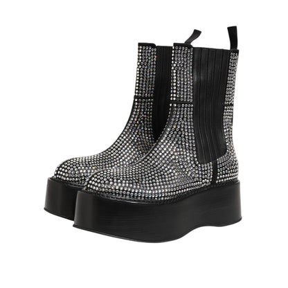 Dolce & Gabbana Black Crystal Strass Mid Calf Short Boots Shoes with dazzling crystal embellishments