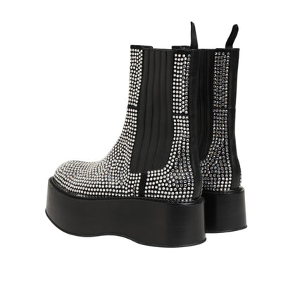 Dolce & Gabbana Black Crystal Strass Mid Calf Short Boots Shoes with sparkling embellishments on a sleek black platform silhouette.