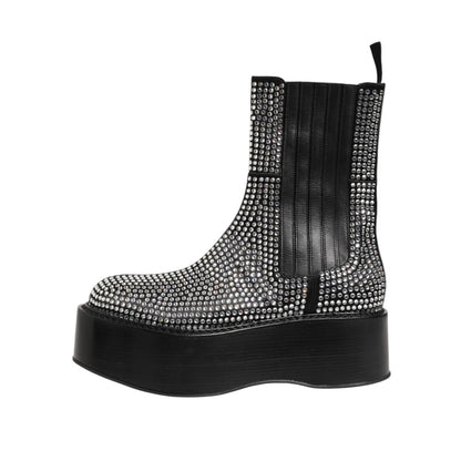 Dolce & Gabbana Black Crystal Strass Mid Calf Short Boots Shoes featuring sleek black leather and dazzling crystal embellishments.
