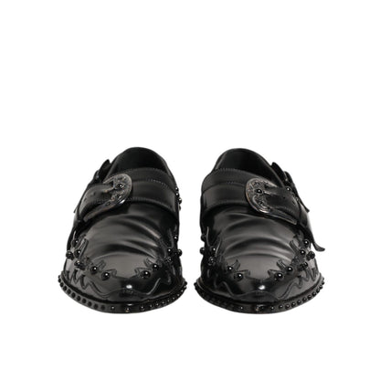 Dolce & Gabbana Black Embellished Dress Monk Strap Shoes, premium leather, front view, sophisticated design, formal wear
