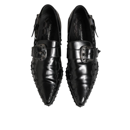 Dolce & Gabbana Black Embellished Dress Monk Strap Shoes in premium leather, top view, displaying sophisticated design and embellishments.