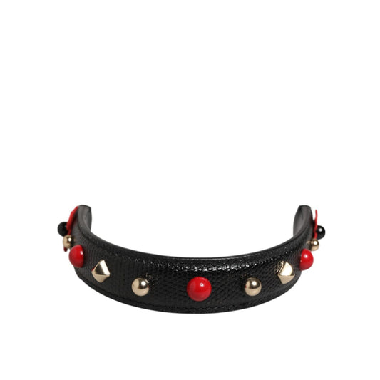 Dolce & Gabbana Black Embellished Leather Bag Handle Women Shoulder Strap with red and gold embellishments