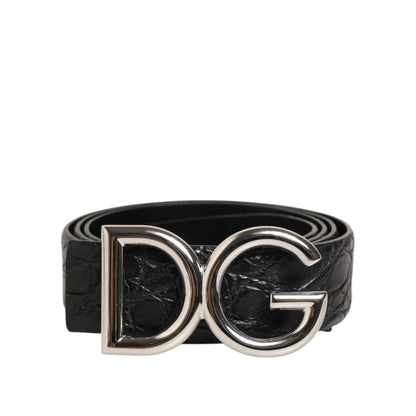 Dolce & Gabbana Black Exotic Leather DG Logo Buckle Belt with silver tone metal, made in Italy from calf leather, perfect for any look.