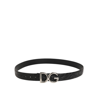 Dolce & Gabbana Black Exotic Leather DG Logo Buckle Belt with silver tone buckle, ideal for casual and formal wear.