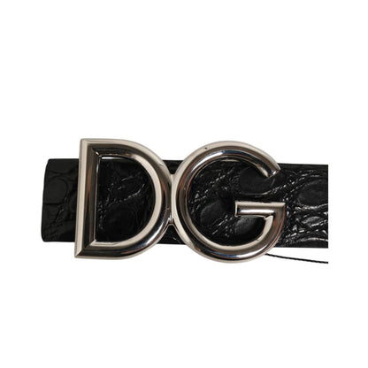 Dolce & Gabbana Black Exotic Leather DG Logo Buckle Belt with silver tone metal logo on black caiman leather.
