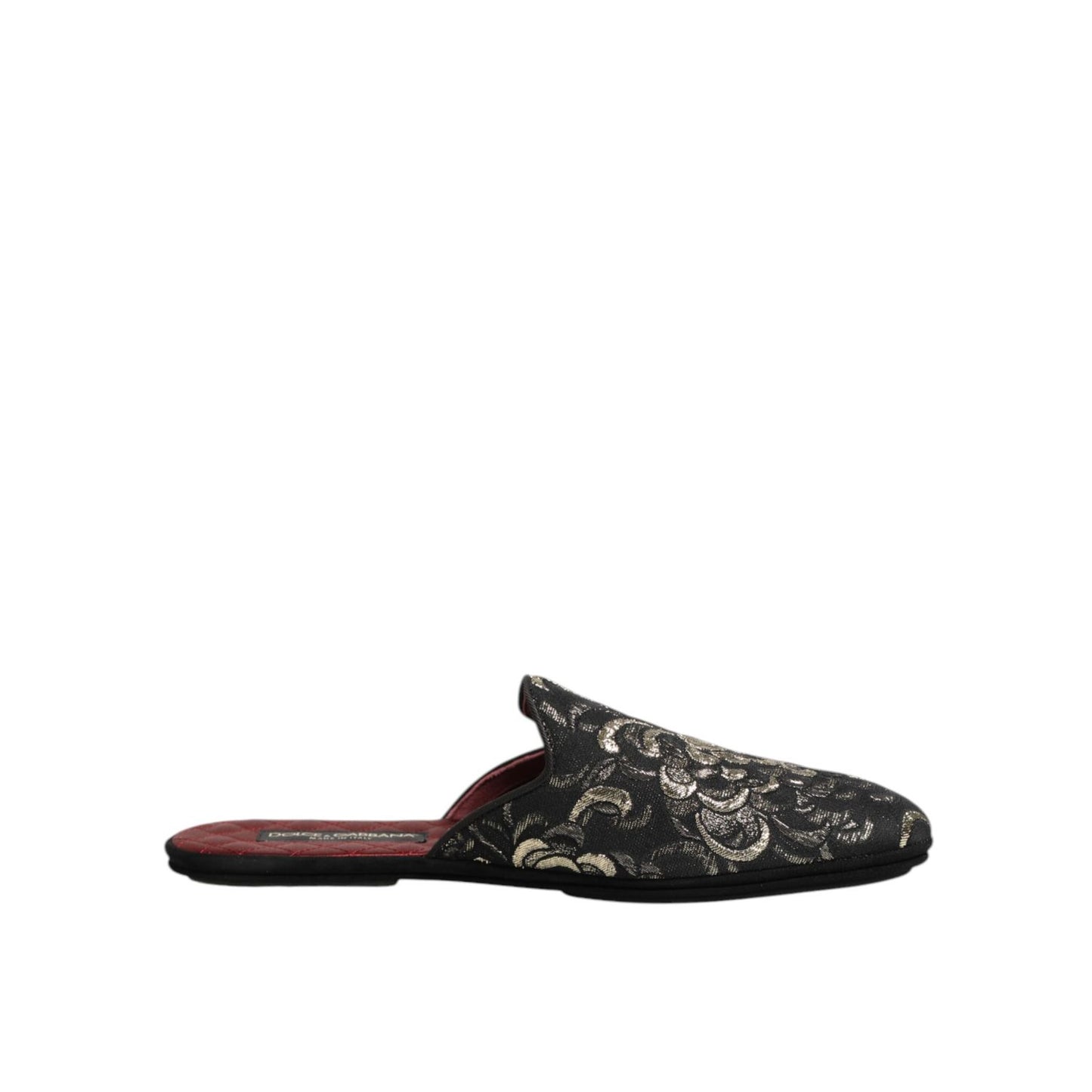 Dolce & Gabbana Black Floral Jacquard Slides Slippers Shoes with luxurious design, crafted in Italy, featuring sleek slip-on style.