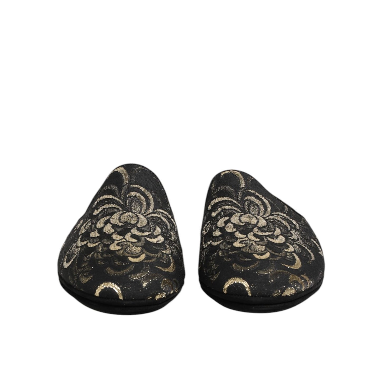 Dolce & Gabbana Black Floral Jacquard Slides Slippers Shoes, luxurious slip-on footwear with velvet design and leather sole, front view.
