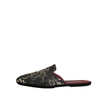 Dolce & Gabbana Black Floral Jacquard Slides Slippers Shoes featuring luxurious design and flat sole for comfort