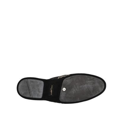 Sole view of Dolce & Gabbana Black Floral Jacquard Slides Slippers Shoes with leather sole detailing.