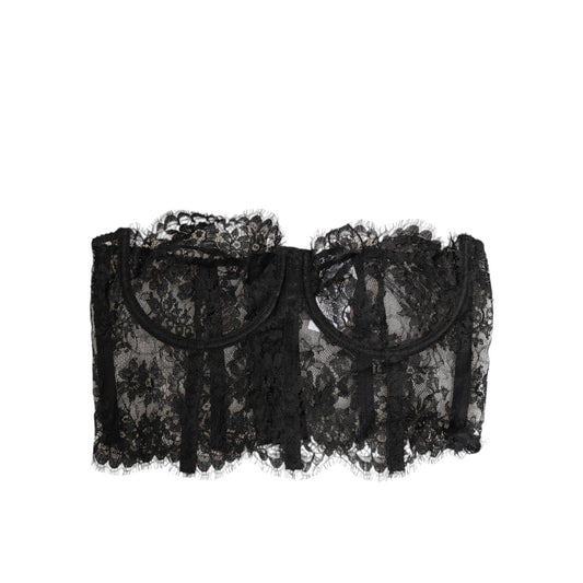 Dolce & Gabbana Black Floral Lace Bustier Bralette Top Underwear with scalloped lace trims and semi-sheer design