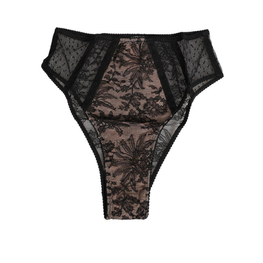 Dolce & Gabbana Black Floral Lace Sheer Mesh High Waist Underwear with embroidered detailing, made in Italy.