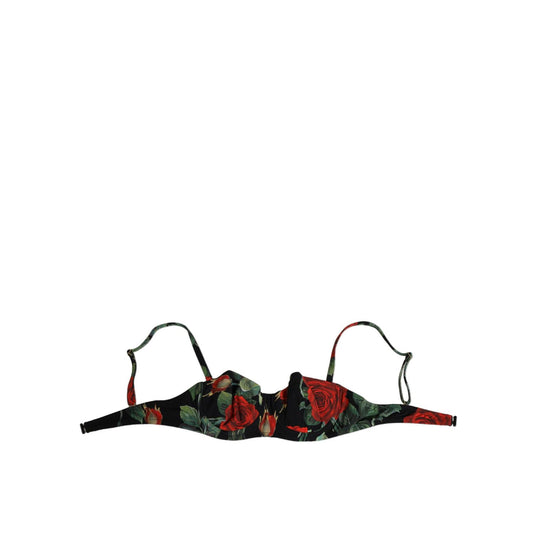 Dolce & Gabbana Black Floral Nylon Padded Balconnet Bra Underwear with red rose pattern.