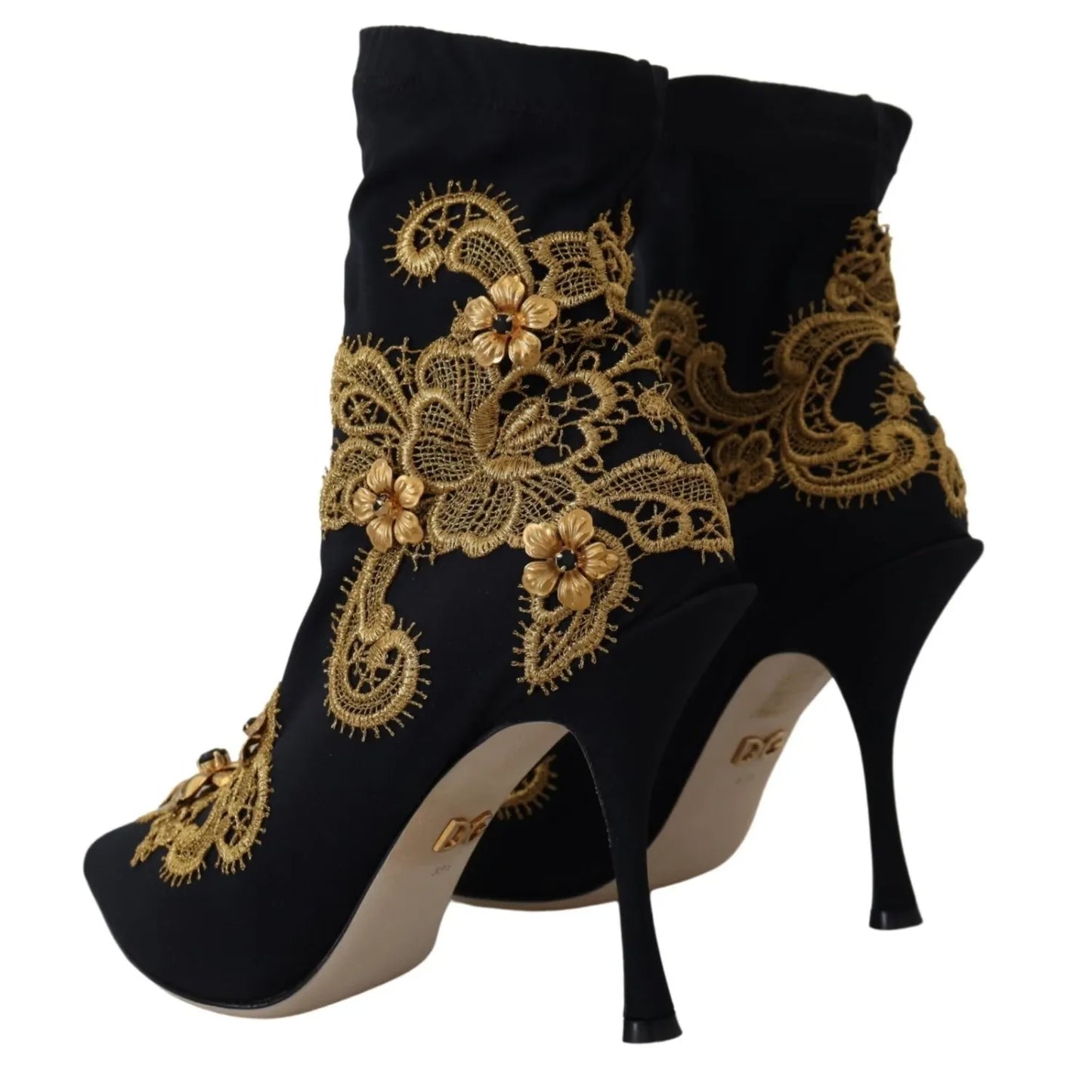 Dolce & Gabbana Black Gold Embroidery Crystal Boots Shoes