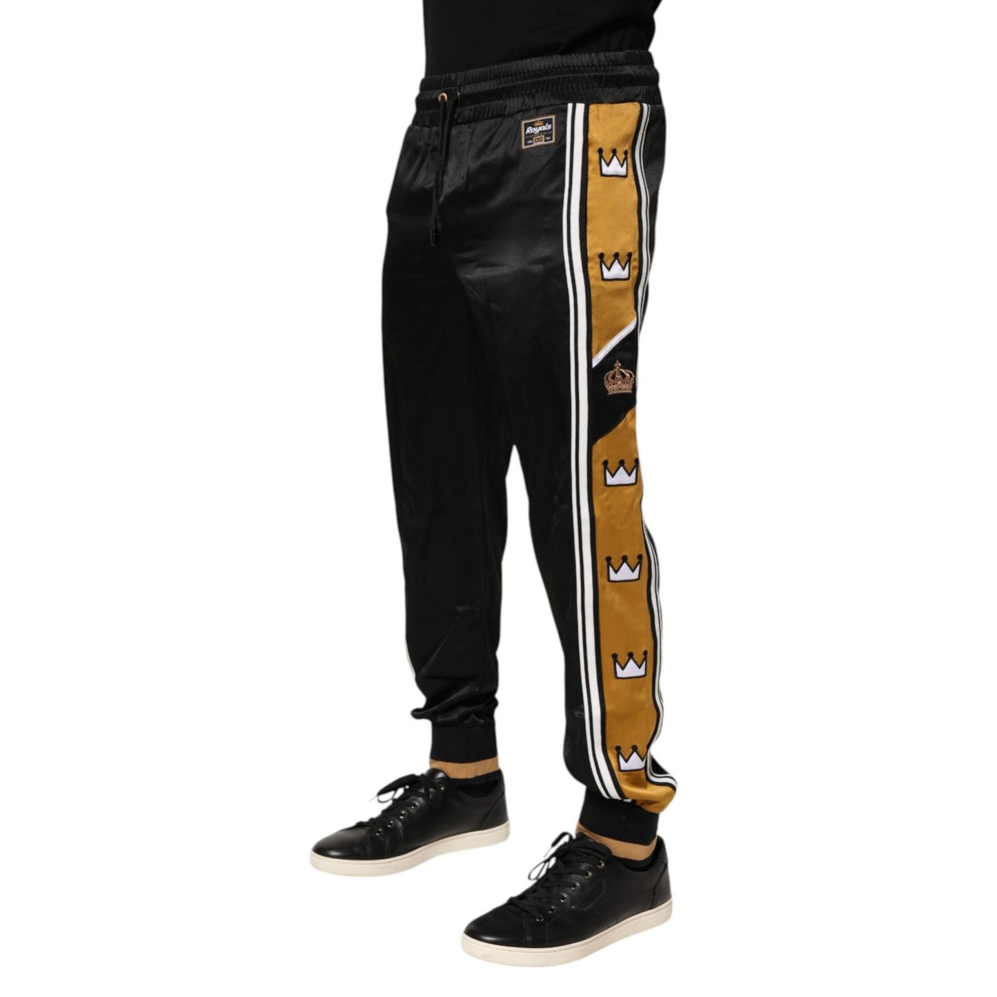 Dolce & Gabbana Black Gold Satin Crown Side Stripe Jogger Pants with embroidered motifs and ribbed cuffs