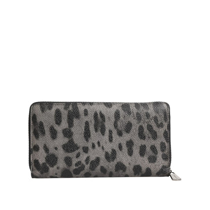 Dolce & Gabbana Black Gray Leopard Leather Zip Around Continental Wallet