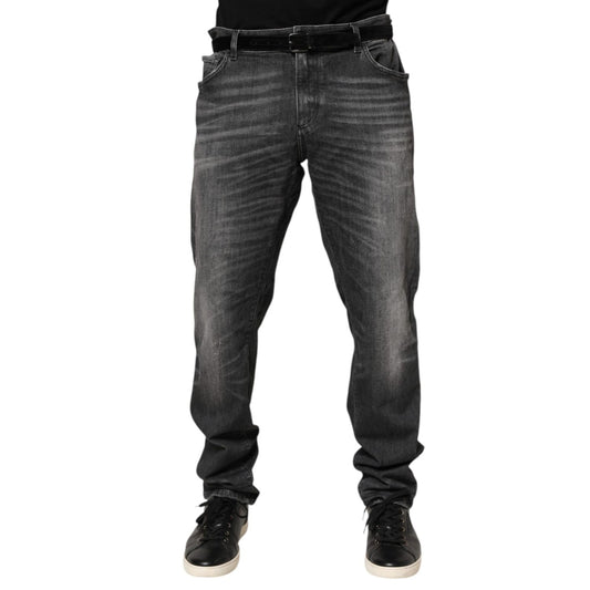 Dolce & Gabbana Black Gray Wash Slim Fit Straight Leg Denim Jeans, front view showcasing whiskering and classic styling.