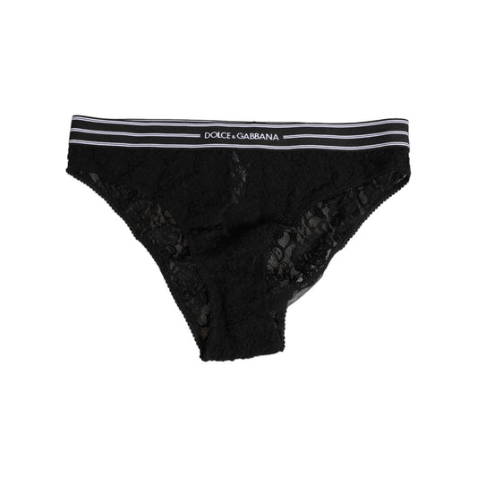 Dolce & Gabbana Black Lace Nylon High Waist Panty Underwear with logo waistband, showcasing delicate lace design for a sophisticated look.