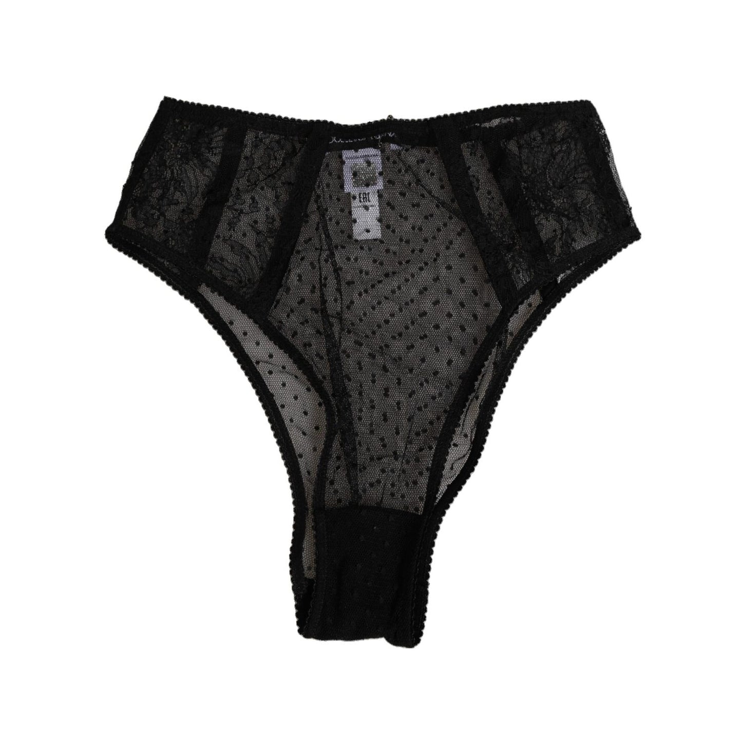 Dolce & Gabbana Black Lace Polka Dot Mesh High Waist Underwear, elegant sheer design with delicate lace accents.