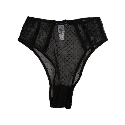 Dolce & Gabbana Black Lace Polka Dot Mesh High Waist Underwear, elegant sheer design with delicate lace accents.