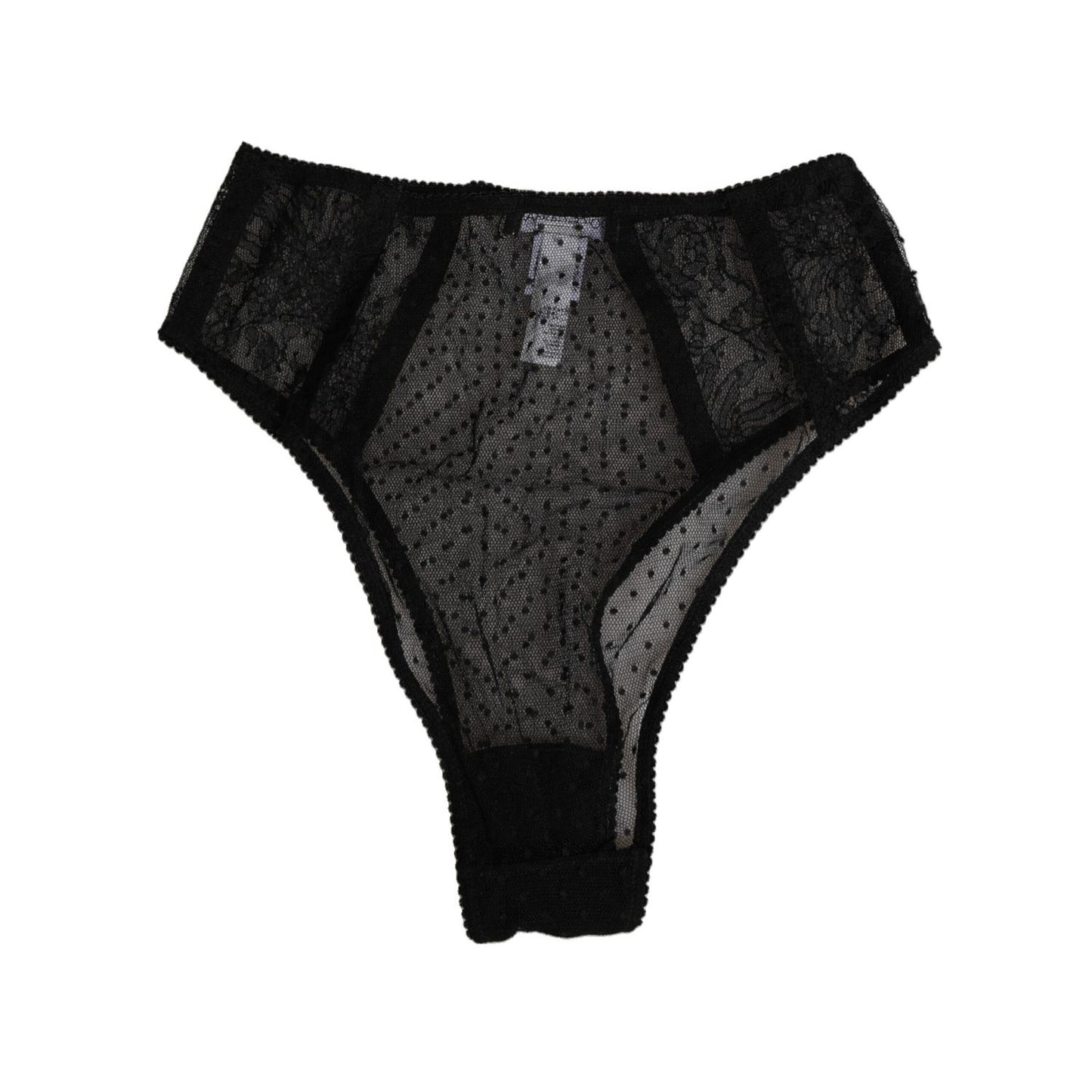 Dolce & Gabbana Black Lace Polka Dot Mesh High Waist Underwear featuring elegant lace design, sculpting fit, and logo detail.