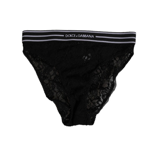 Dolce & Gabbana Black Lace Slip Brief Logo Waistband Underwear with elegant sheer design and logo waistband, made in Italy.