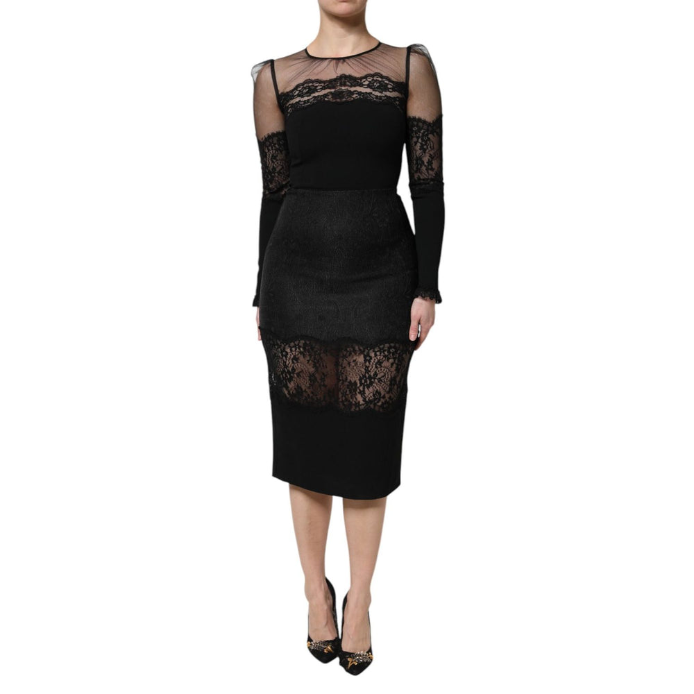 Dolce & Gabbana Black Lace Trim Nylon Tulle SheathMidi Dress showcasing Italian elegance and intricate lace details.
