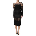 Dolce & Gabbana Black Lace Trim Nylon Tulle SheathMidi Dress showcasing Italian elegance and intricate lace details.