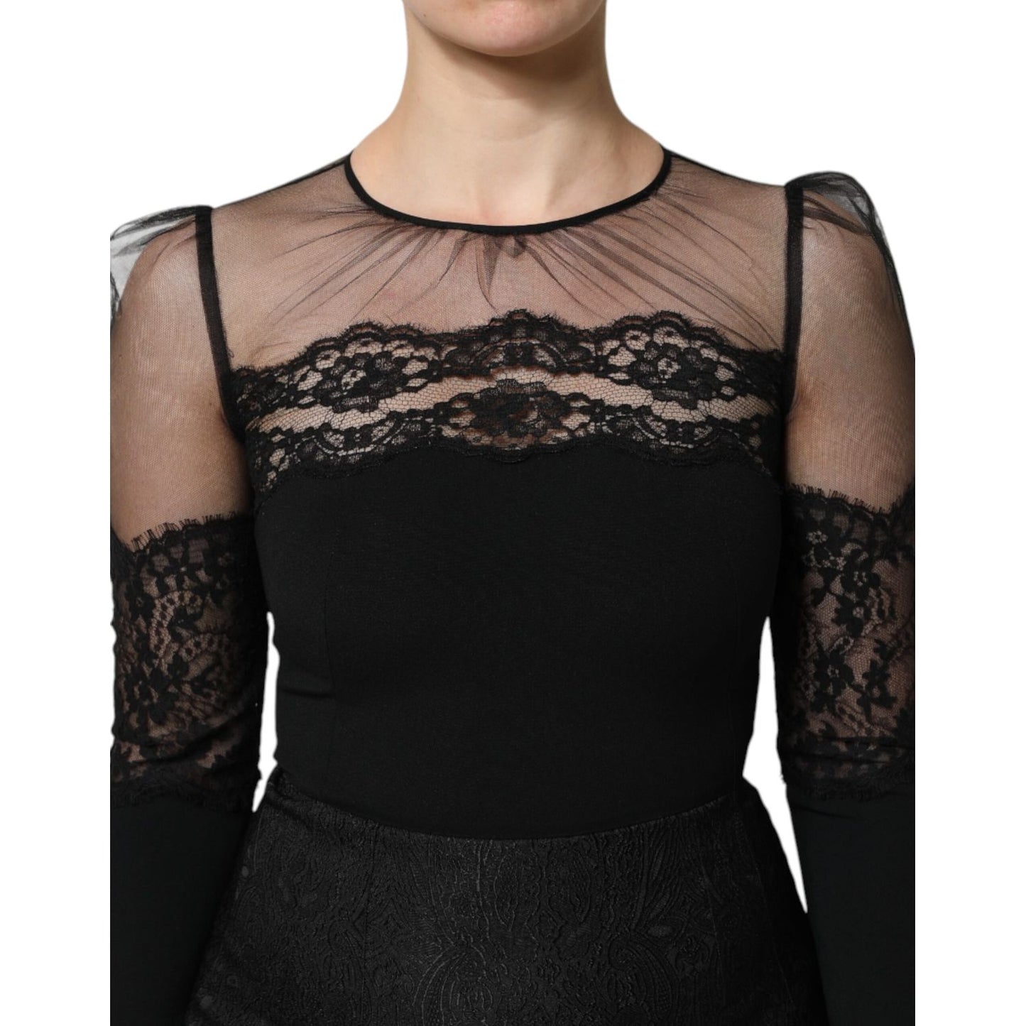 Dolce & Gabbana Black Lace Trim Nylon Tulle SheathMidi Dress with sheer lace detailing, elegant choice for evening occasions.