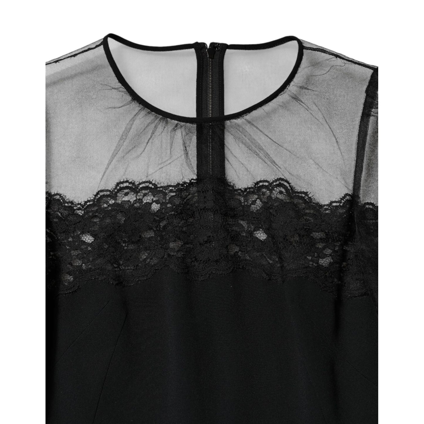 Dolce & Gabbana Black Lace Trim Nylon Tulle SheathMidi Dress with intricate lace detailing on the neckline, classic elegance.