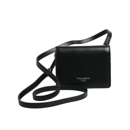 Dolce & Gabbana Black Leather Bifold Card Holder Crossbody Men Borse Bag with logo engraved hardware and snap button closure.