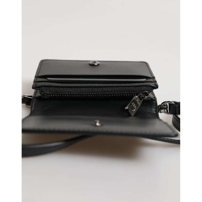Dolce & Gabbana Black Leather Bifold Card Holder Crossbody Men Borse Bag with snap button and logo metal hardware.