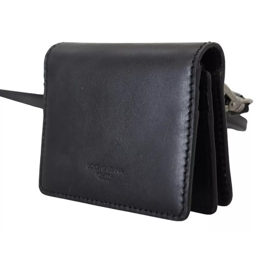 Dolce & Gabbana Black Leather Bifold Shoulder Sling Women Wallet with metal hardware, front view of closed wallet showing leather texture.