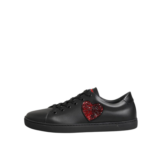 Dolce & Gabbana Black Leather Crystal Heart Low Top Sneakers Shoes with red crystal heart patch and lace-up design.