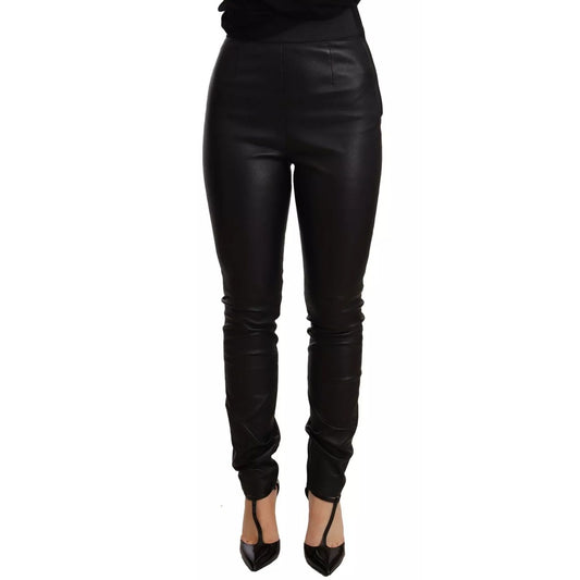 Dolce & Gabbana Black Leather Elastic Waist Trouser Pants, slim fit, made in Italy with repaired rip defect.