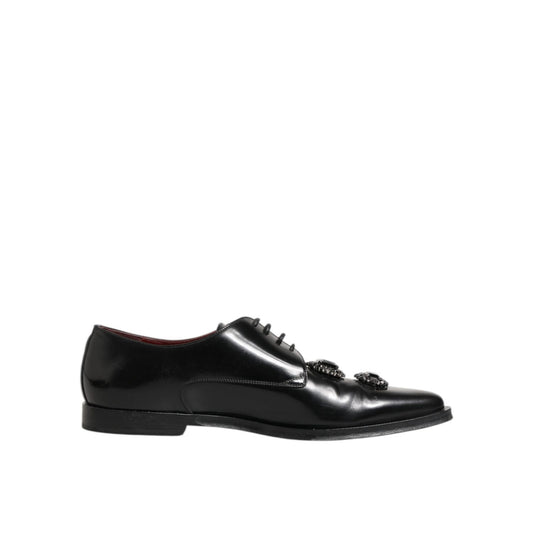 Dolce & Gabbana Black Leather Jeweled Crystals Derby Shoes featuring sparkling crystal embellishments and classic lace-up design.