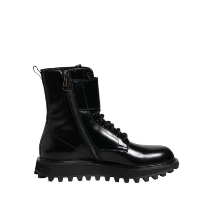 Dolce & Gabbana Black Leather Lace Up Mid Calf Boots Shoes with zipper and rugged sole, crafted in Italy, showcasing luxury fashion.