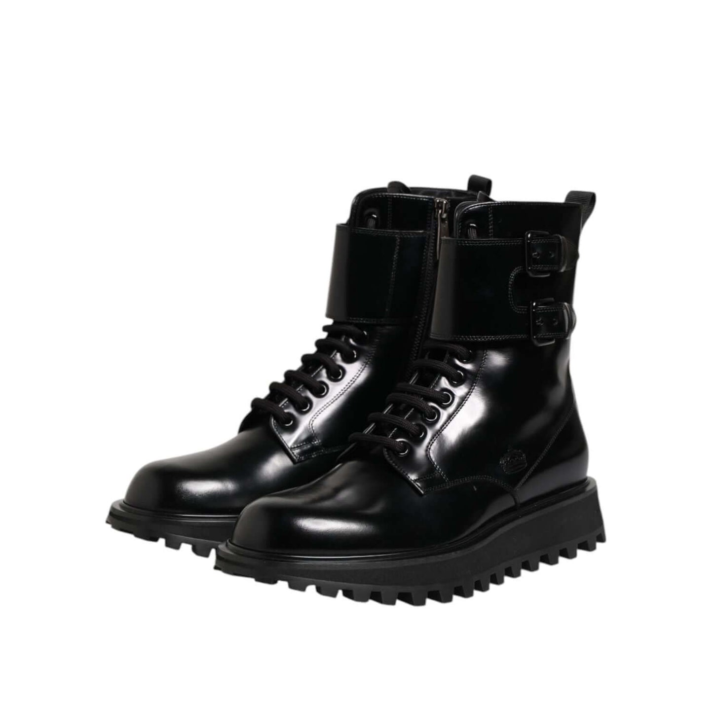 Dolce & Gabbana Black Leather Lace Up Mid Calf Boots Shoes with buckle detail and rugged sole, made from 100% calf leather.