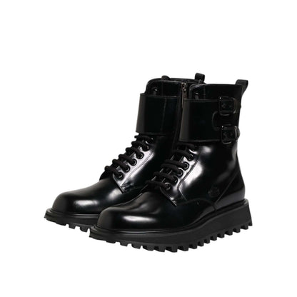 Dolce & Gabbana Black Leather Lace Up Mid Calf Boots Shoes with buckle detail and rugged sole, made from 100% calf leather.