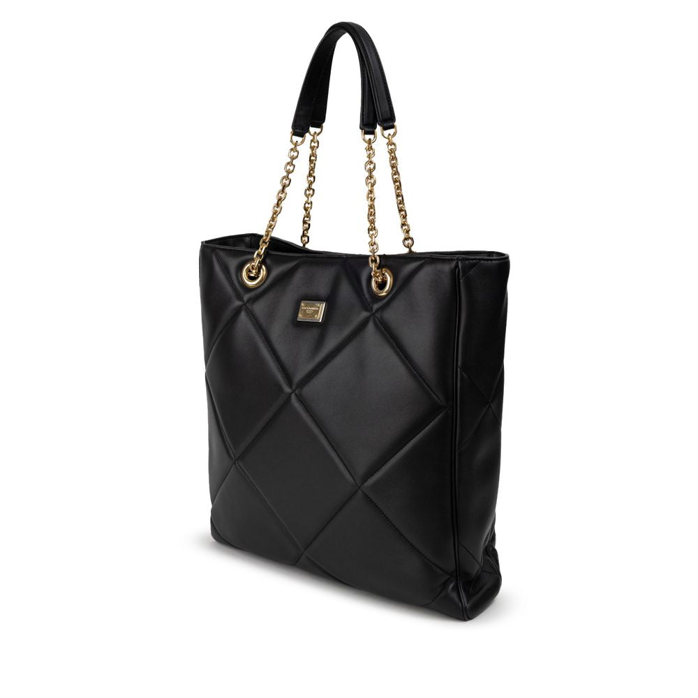 Dolce & Gabbana Black Leather Matelassé Tote Bag with gold chain handles and quilted design.